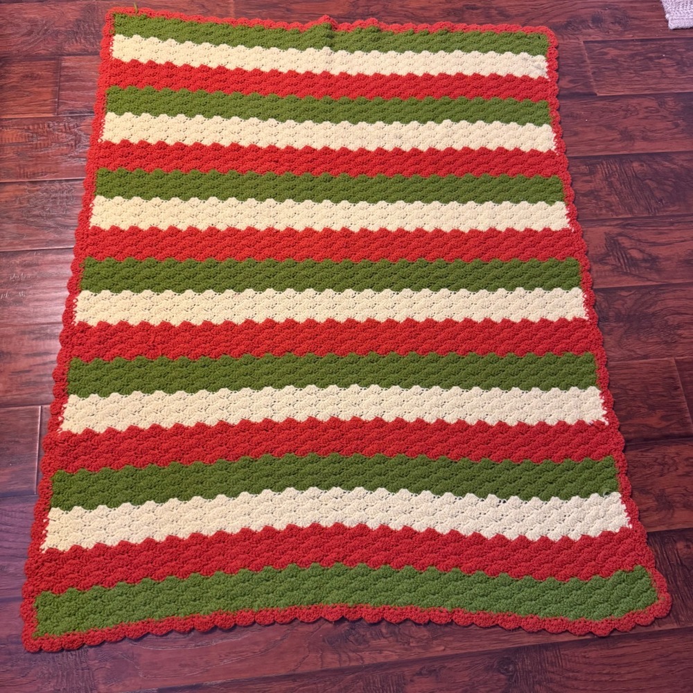 Vintage Grandma Granny Crochet Afghan Blanket Orange Green Yellow Shell Stitch